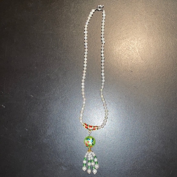 Jewelry - NWOT 16” genuine freshwater pearl with cloisonné pendant